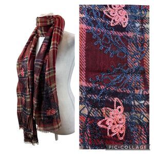 Ladies Lucky Brand Red and Blue Plaid Wool Fringe End Scarf with Embroidery